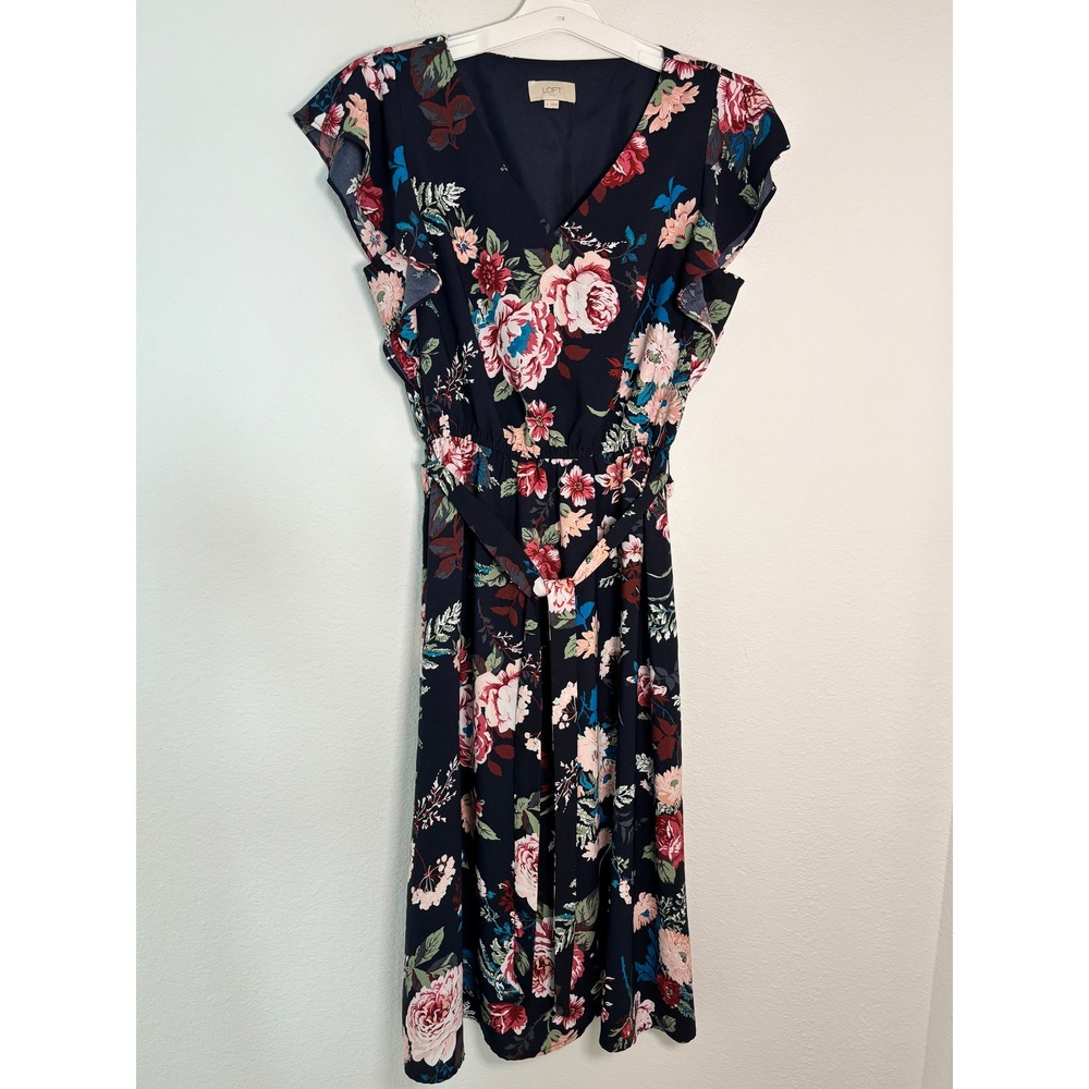 Loft Outlet Navy Floral Flutter Sleeve V-Neck Midi Dress with Belt Small